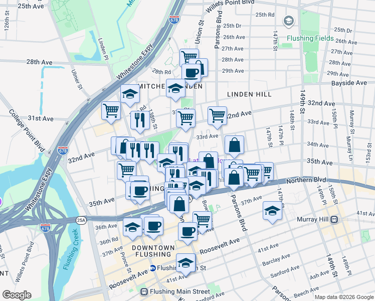 map of restaurants, bars, coffee shops, grocery stores, and more near 33-33 Union Street in Queens