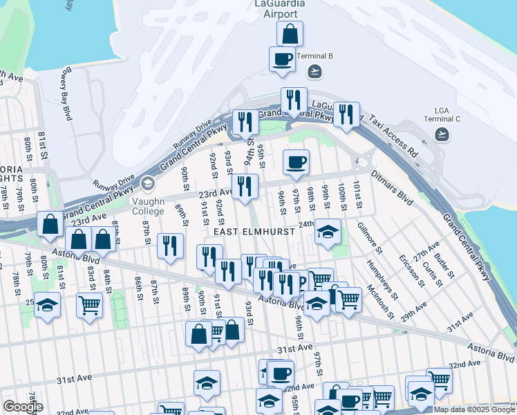 map of restaurants, bars, coffee shops, grocery stores, and more near 23-42 95th Street in Queens