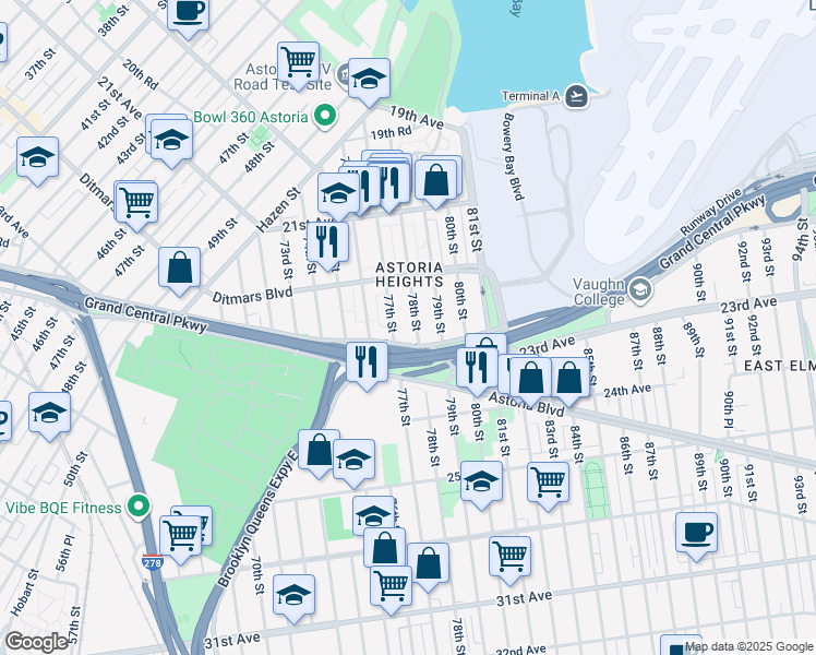 map of restaurants, bars, coffee shops, grocery stores, and more near in Queens