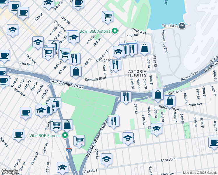 map of restaurants, bars, coffee shops, grocery stores, and more near 22-41 73rd Street in Queens