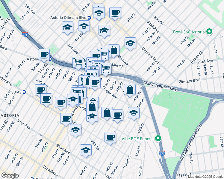 map of restaurants, bars, coffee shops, grocery stores, and more near 42-15 25th Avenue in Queens