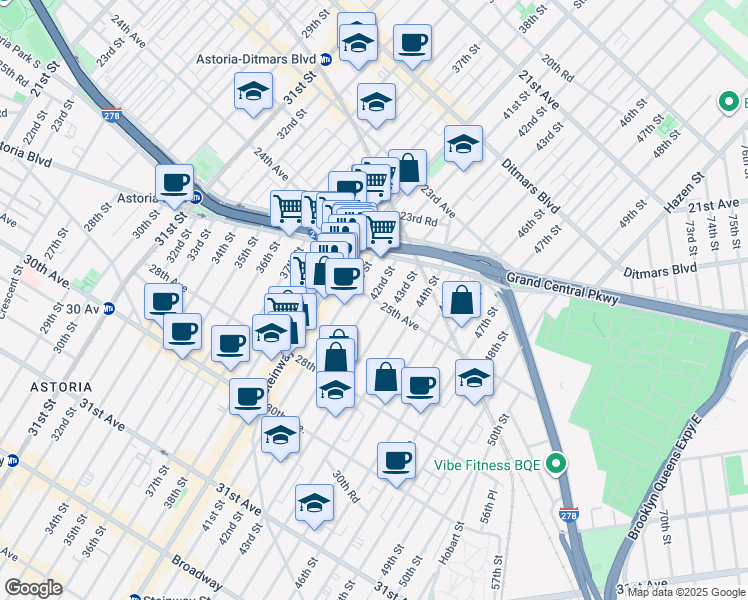 map of restaurants, bars, coffee shops, grocery stores, and more near 42-15 25th Avenue in Queens