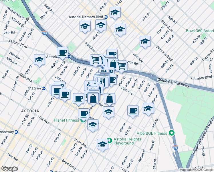 map of restaurants, bars, coffee shops, grocery stores, and more near 81 Steinway Street in Queens