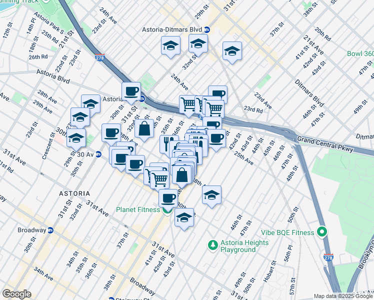 map of restaurants, bars, coffee shops, grocery stores, and more near 25-72 Steinway Street in Queens
