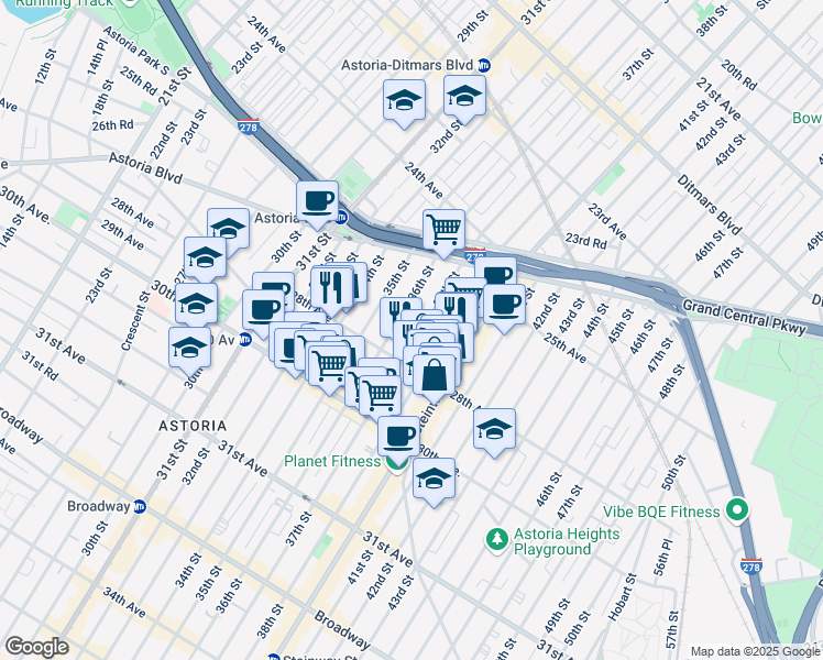 map of restaurants, bars, coffee shops, grocery stores, and more near 25-81 36th Street in Queens