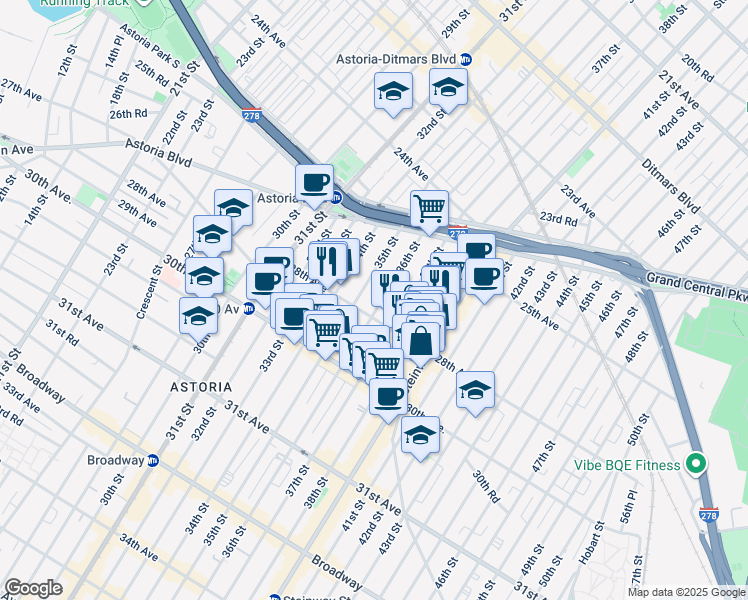 map of restaurants, bars, coffee shops, grocery stores, and more near 25-81 36th Street in Queens