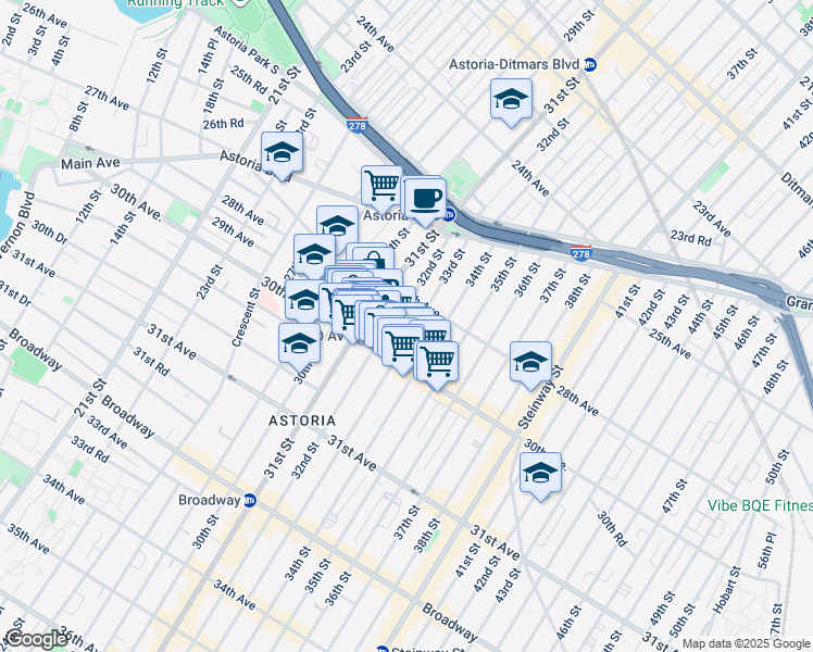 map of restaurants, bars, coffee shops, grocery stores, and more near 31-23 Newtown Avenue in Queens