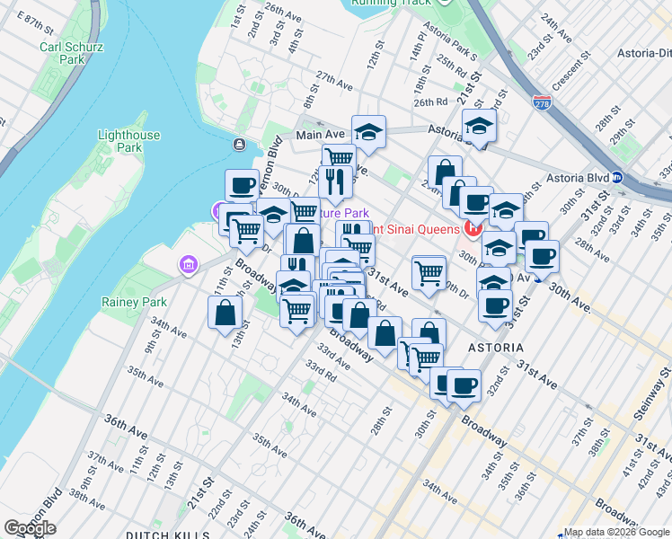 map of restaurants, bars, coffee shops, grocery stores, and more near 51 21st Street in Queens