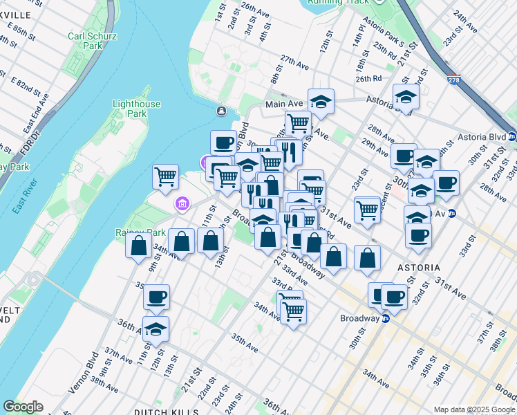 map of restaurants, bars, coffee shops, grocery stores, and more near 31-50 14th Street in Queens