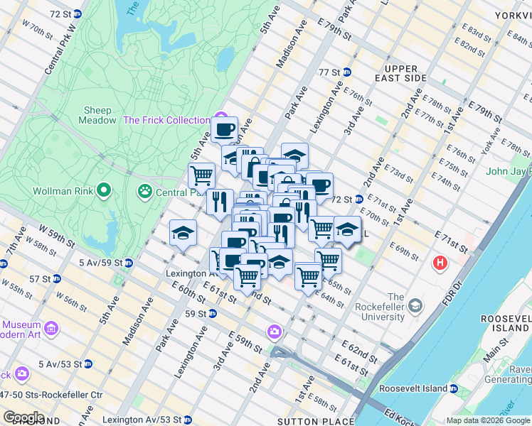 map of restaurants, bars, coffee shops, grocery stores, and more near in New York