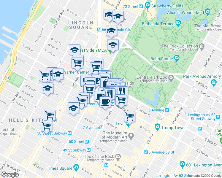 map of restaurants, bars, coffee shops, grocery stores, and more near 930 West 58th Street in New York
