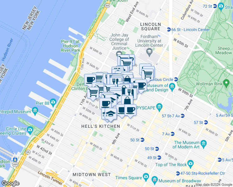 map of restaurants, bars, coffee shops, grocery stores, and more near 443 West 54th Street in New York
