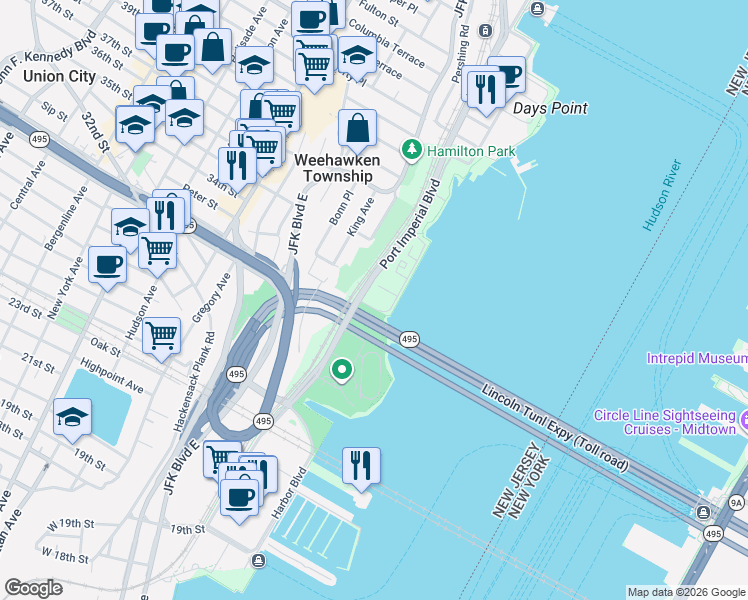 map of restaurants, bars, coffee shops, grocery stores, and more near 150 Henley Place in Weehawken