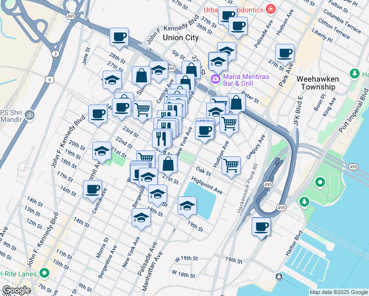 map of restaurants, bars, coffee shops, grocery stores, and more near 324 24th Street in Union City