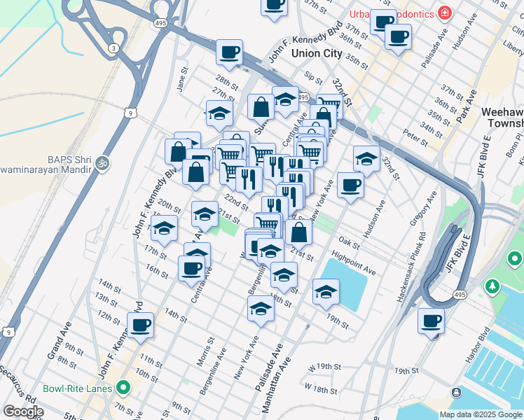 map of restaurants, bars, coffee shops, grocery stores, and more near 522 22nd Street in Union City