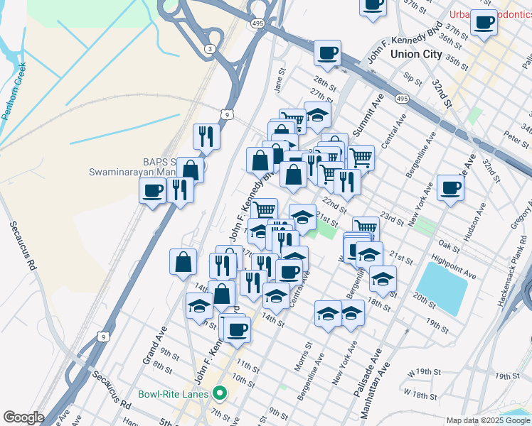 map of restaurants, bars, coffee shops, grocery stores, and more near 901 20th Street in Union City