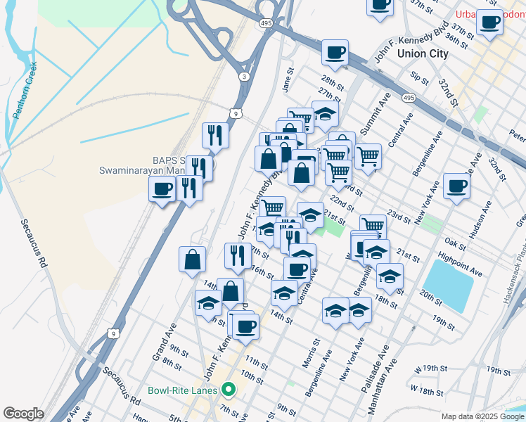 map of restaurants, bars, coffee shops, grocery stores, and more near 1814 John F. Kennedy Boulevard in Union City