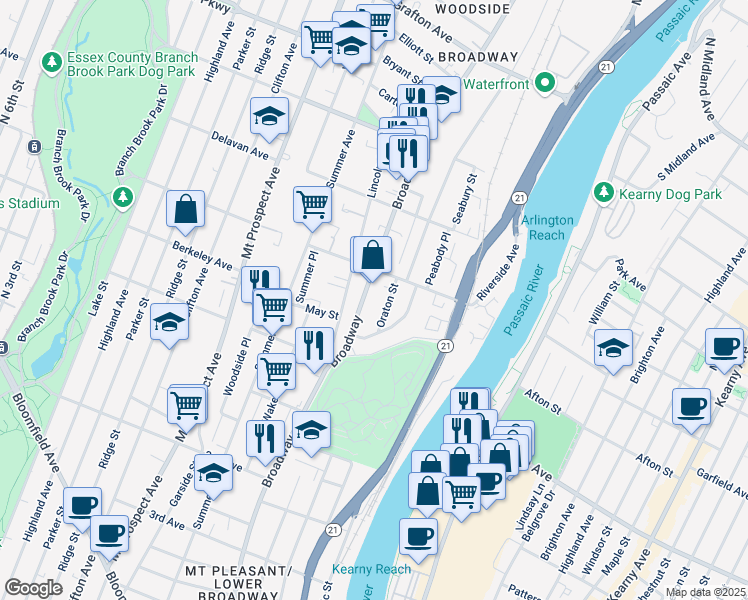 map of restaurants, bars, coffee shops, grocery stores, and more near 39 Oraton Street in Newark
