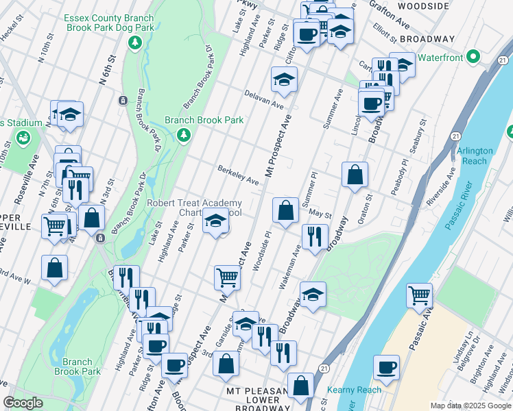 map of restaurants, bars, coffee shops, grocery stores, and more near 444 Mount Prospect Avenue in Newark