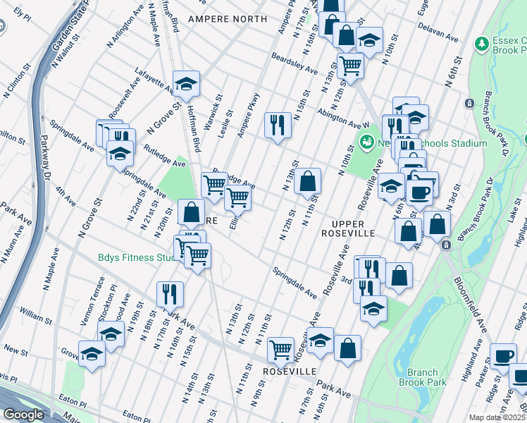 map of restaurants, bars, coffee shops, grocery stores, and more near 30 Ellington Street in East Orange