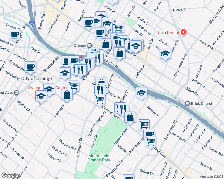 map of restaurants, bars, coffee shops, grocery stores, and more near 209 Taylor Street in City of Orange