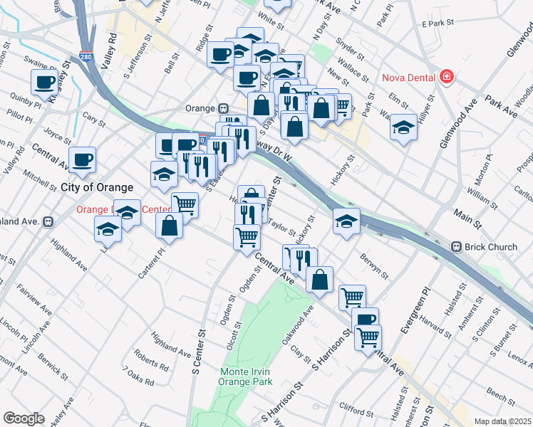 map of restaurants, bars, coffee shops, grocery stores, and more near 209 Taylor Street in City of Orange