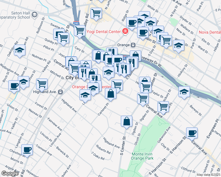map of restaurants, bars, coffee shops, grocery stores, and more near 352 Jackson Street in City of Orange