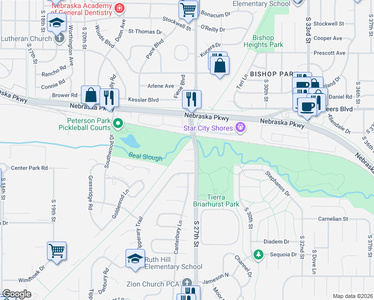 map of restaurants, bars, coffee shops, grocery stores, and more near 2500 Nottingham Court in Lincoln