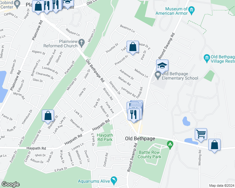 map of restaurants, bars, coffee shops, grocery stores, and more near 18 Simpson Drive in Old Bethpage