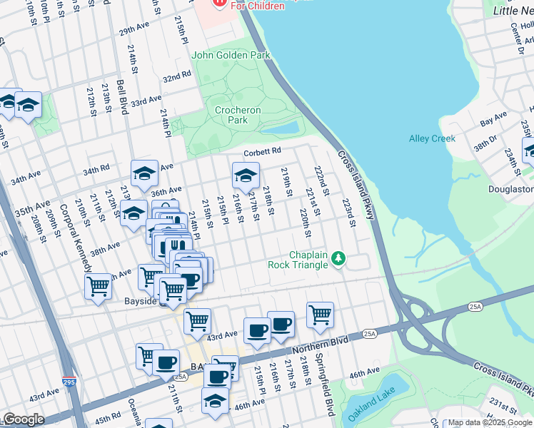 map of restaurants, bars, coffee shops, grocery stores, and more near 38-26A 218th Street in Queens