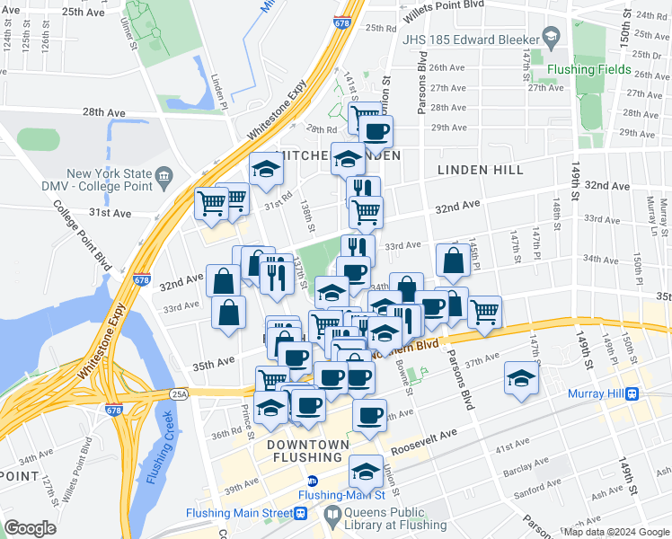 map of restaurants, bars, coffee shops, grocery stores, and more near 139-9 34th Avenue in Queens