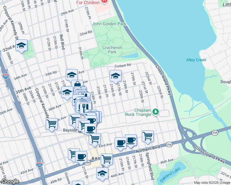 map of restaurants, bars, coffee shops, grocery stores, and more near 38-15 216th Street in Queens