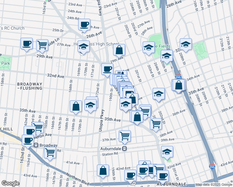map of restaurants, bars, coffee shops, grocery stores, and more near 190-17 33rd Avenue in Queens