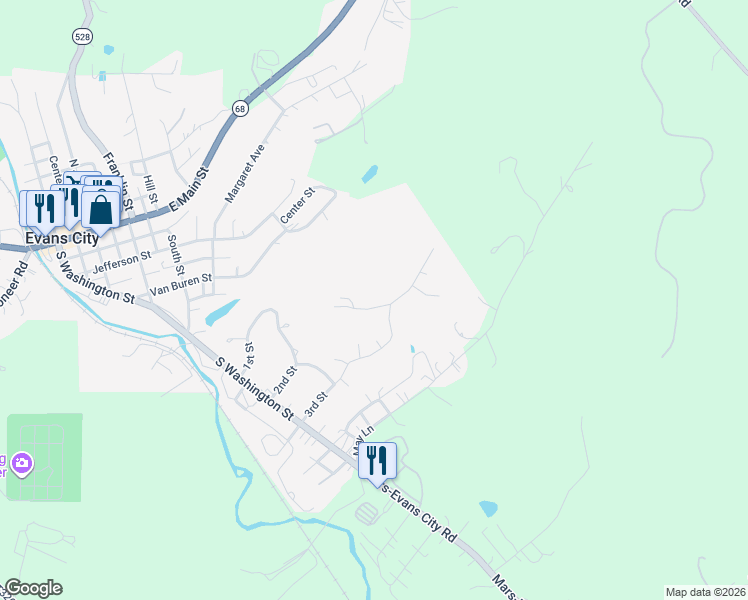 map of restaurants, bars, coffee shops, grocery stores, and more near 101 Crestview Drive in Evans City