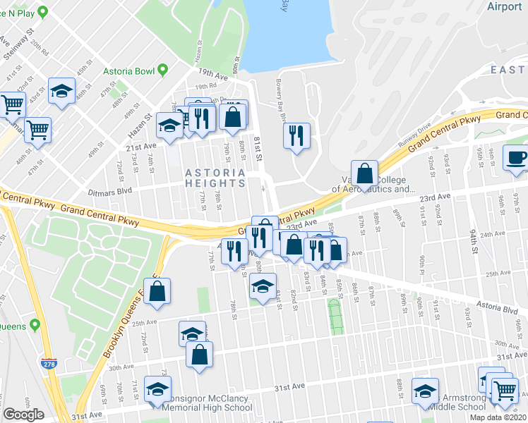 map of restaurants, bars, coffee shops, grocery stores, and more near 80-19 Grand Central Parkway in Queens