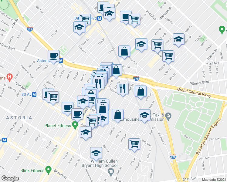 map of restaurants, bars, coffee shops, grocery stores, and more near 42nd St & 25th Ave in Queens