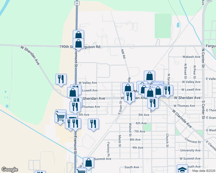 map of restaurants, bars, coffee shops, grocery stores, and more near 1101 West Lowell Avenue in Shenandoah