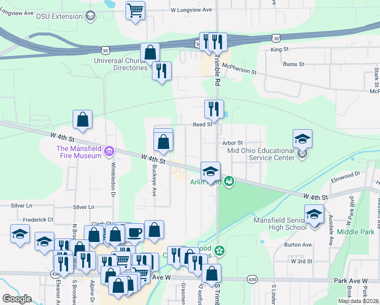map of restaurants, bars, coffee shops, grocery stores, and more near 294 Boston Avenue in Mansfield