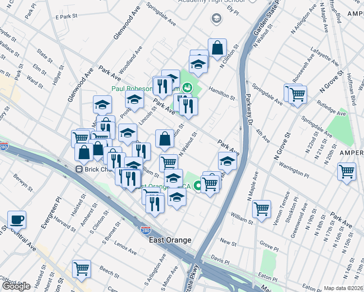 map of restaurants, bars, coffee shops, grocery stores, and more near 144 North Walnut Street in East Orange