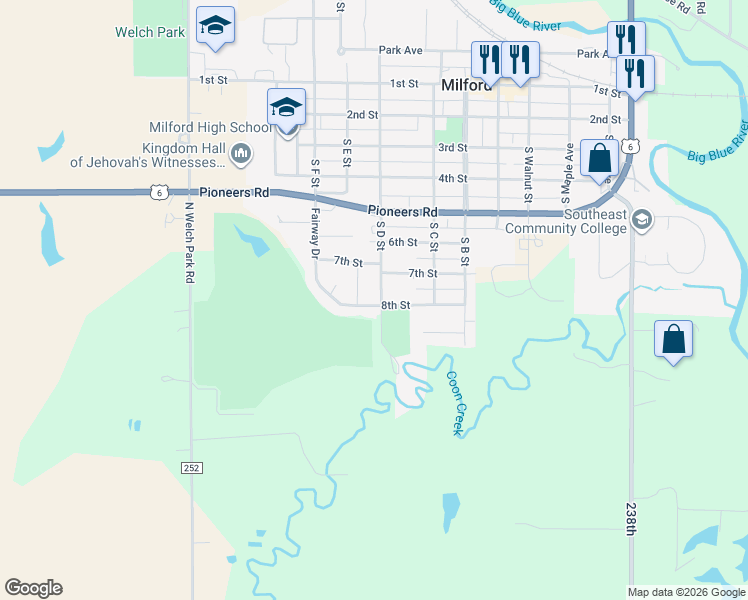 map of restaurants, bars, coffee shops, grocery stores, and more near 827 8th Street in Milford