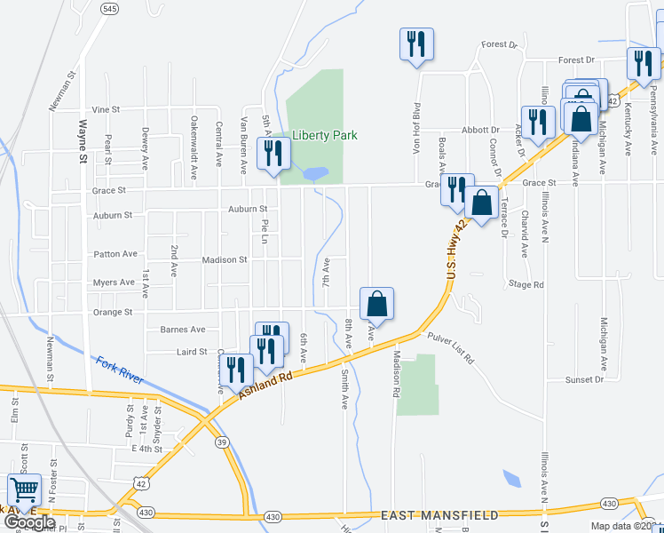 map of restaurants, bars, coffee shops, grocery stores, and more near 334 7th Avenue in Mansfield