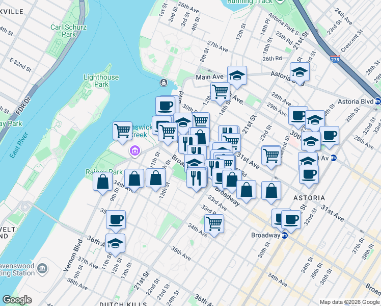 map of restaurants, bars, coffee shops, grocery stores, and more near 12-28 31st Drive in Queens