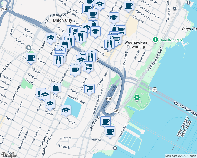 map of restaurants, bars, coffee shops, grocery stores, and more near in Weehawken