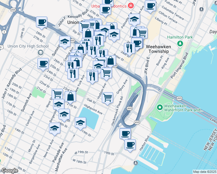 map of restaurants, bars, coffee shops, grocery stores, and more near 105 Maple Street in Weehawken