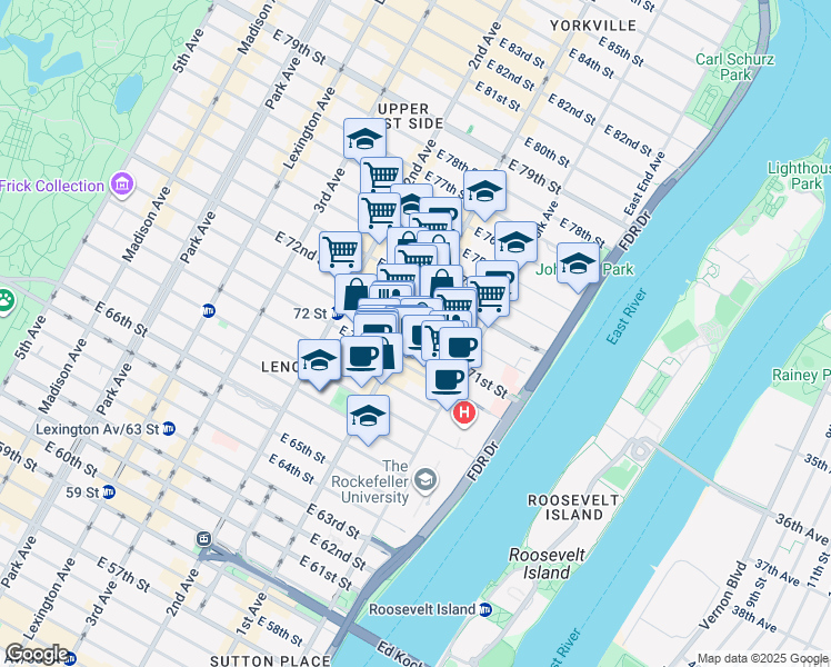 map of restaurants, bars, coffee shops, grocery stores, and more near 1330 1st Avenue in New York