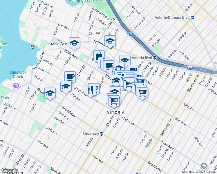 map of restaurants, bars, coffee shops, grocery stores, and more near 25-30 30th Road in Queens