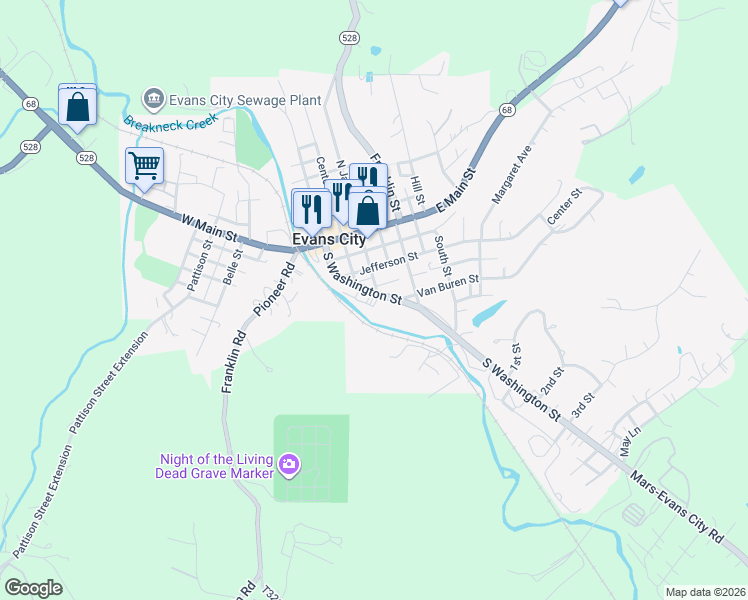 map of restaurants, bars, coffee shops, grocery stores, and more near 300 South Washington Street in Evans City