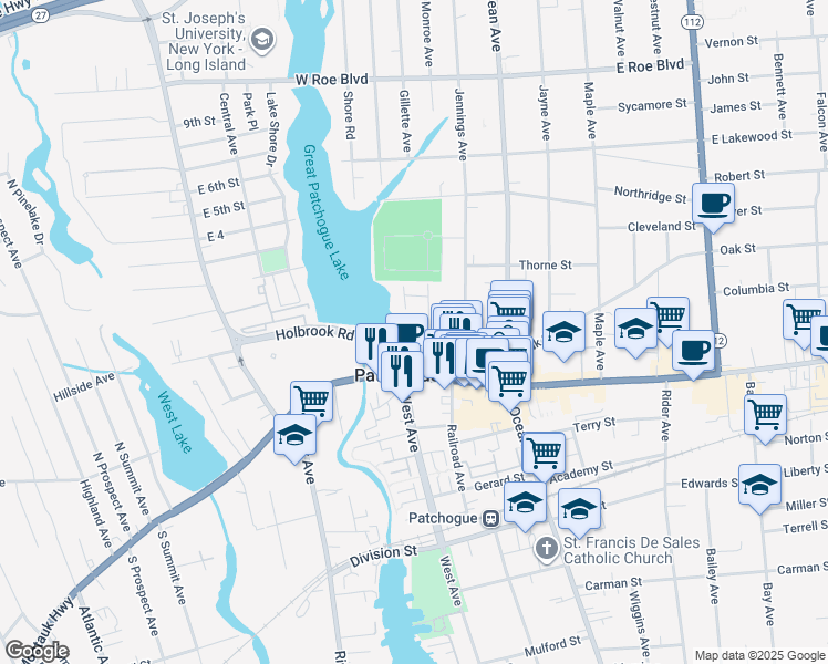 map of restaurants, bars, coffee shops, grocery stores, and more near 71 Lake Street in Patchogue