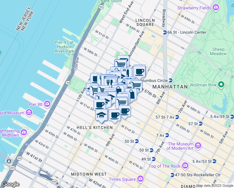 map of restaurants, bars, coffee shops, grocery stores, and more near 443 West 54th Street in New York