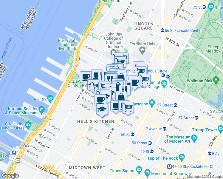 map of restaurants, bars, coffee shops, grocery stores, and more near 443 West 54th Street in New York